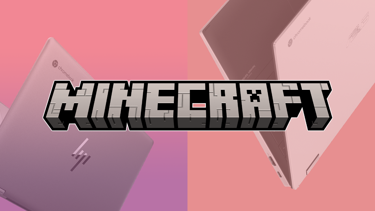 The Minecraft logo over a pair of Chromebooks and a pink background.