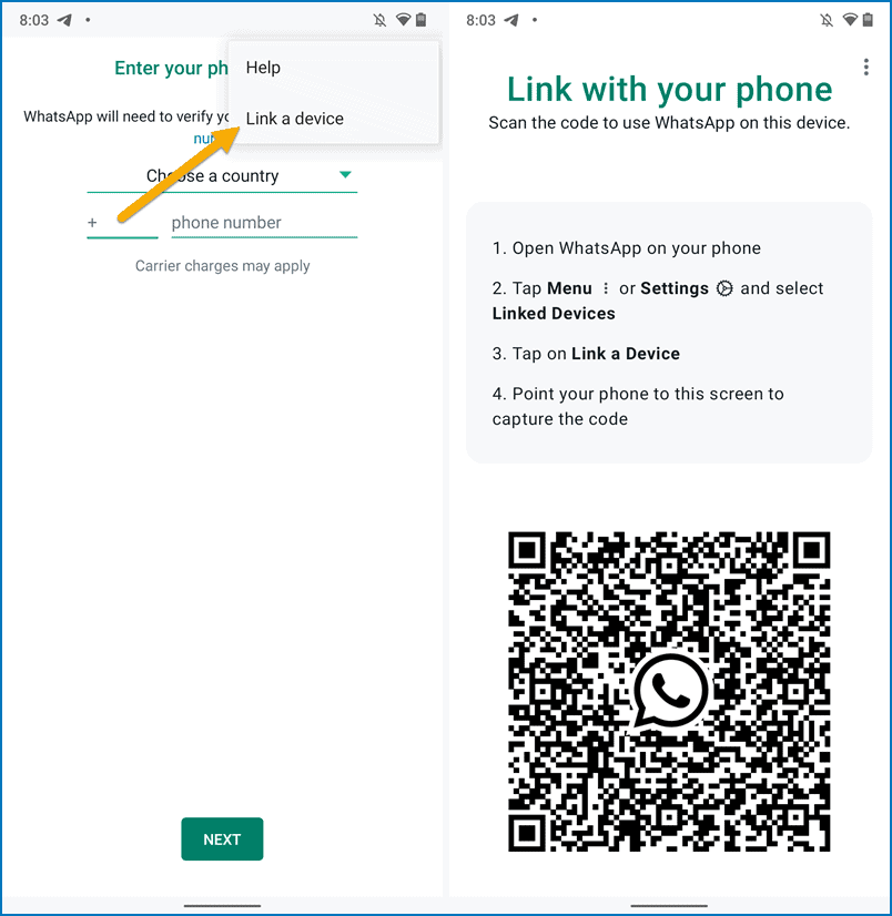 Verknüpfen Sie WhatsApp auf Android mit einem anderen Telefon
