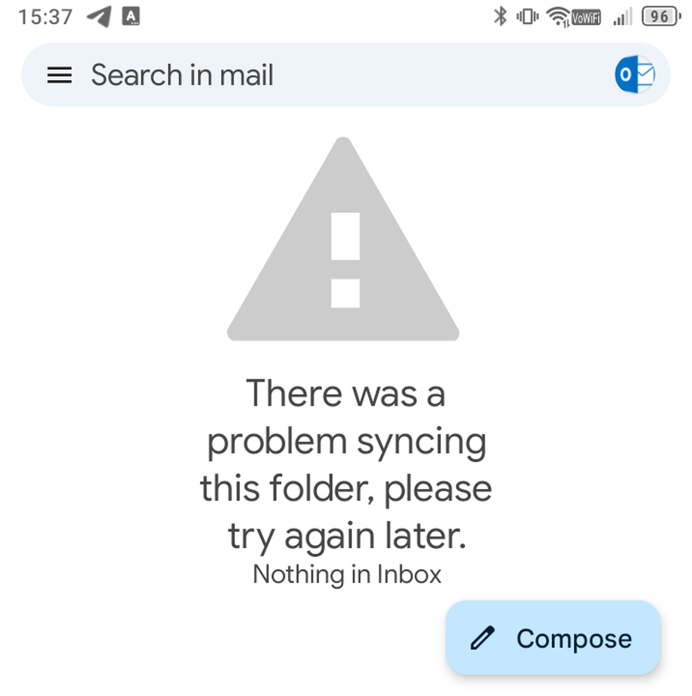 Screenshot showing an error message with an exclamation mark and the text: “There was a problem syncing this folder, please try again later. Nothing in Inbox.”