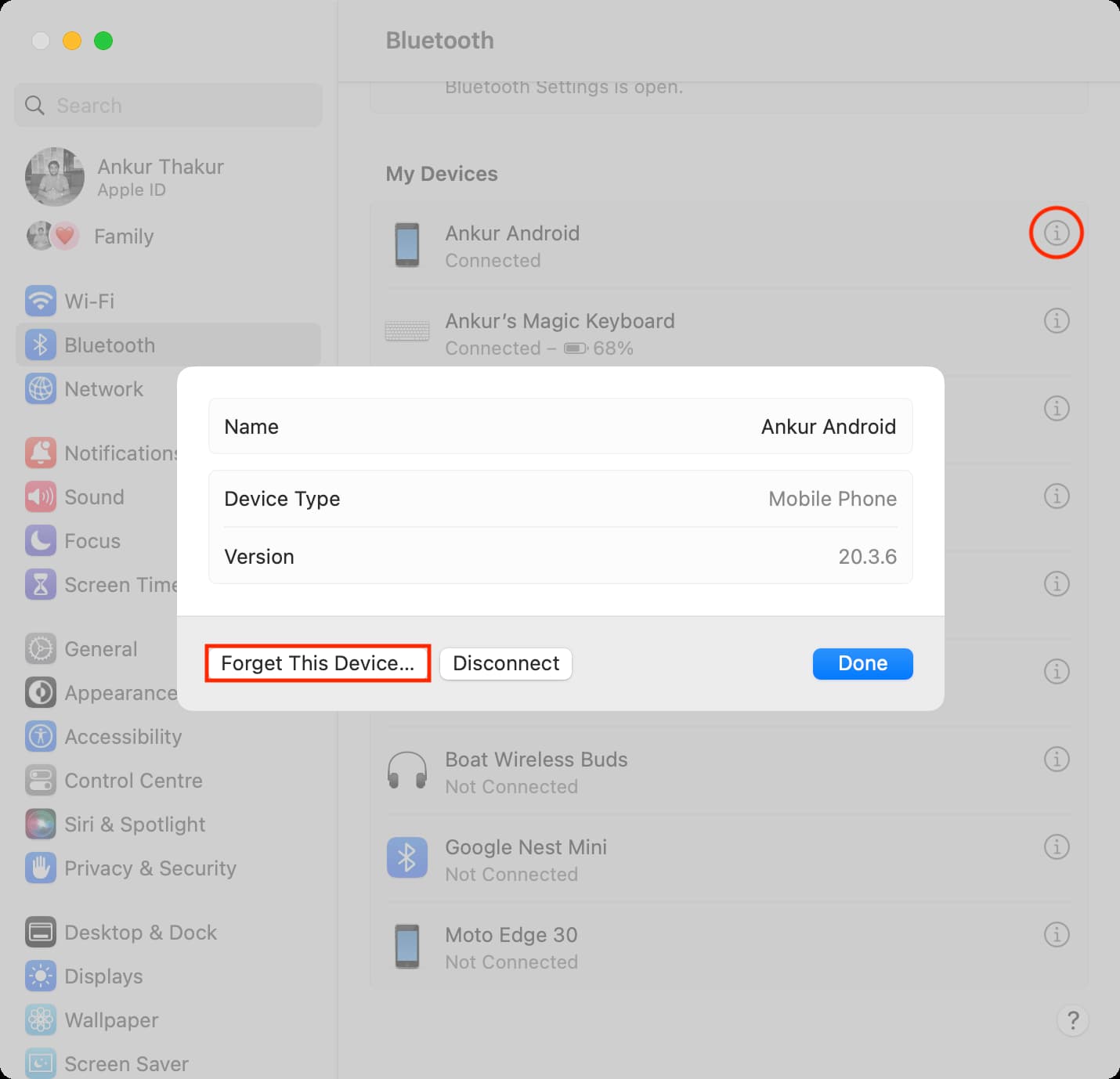 Forget Android phone from Mac Bluetooth settings