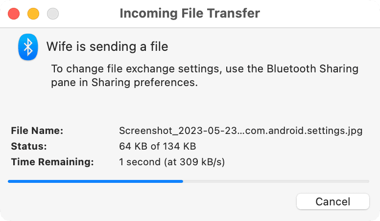 Incoming Bluetooth File Transfer popup on Mac