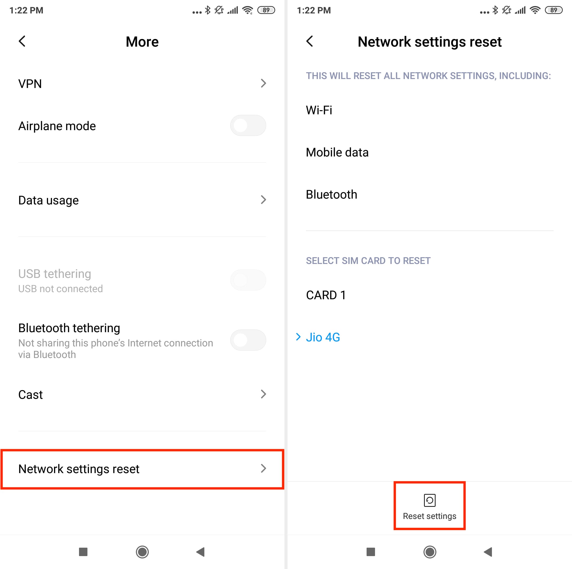 Reset network settings on Android phone