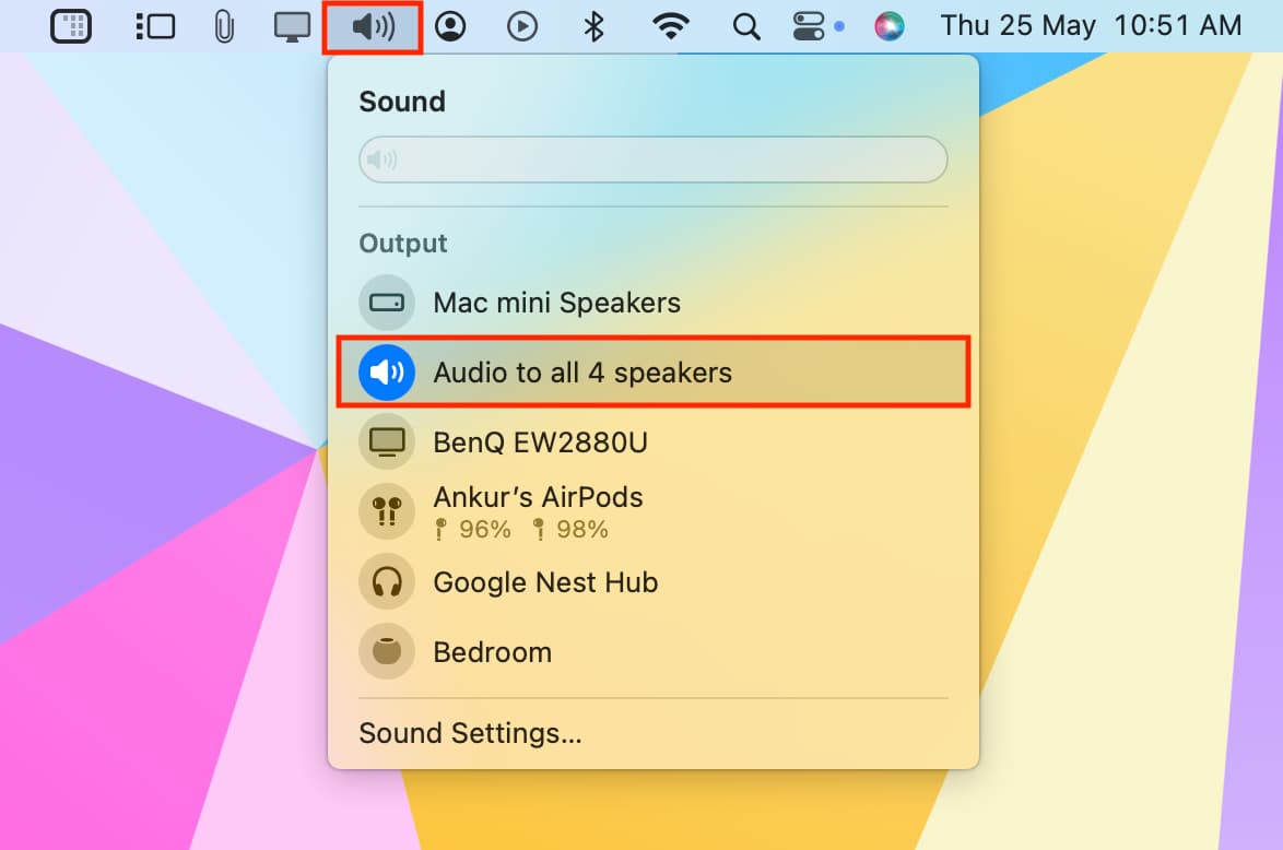 Select multi-device audio output from Mac menu bar
