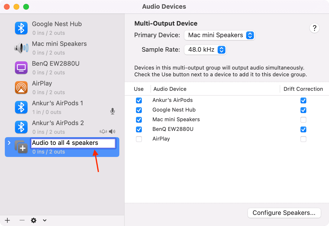 Set a name for Multi-Output Device in Audio MIDI Setup app on Mac