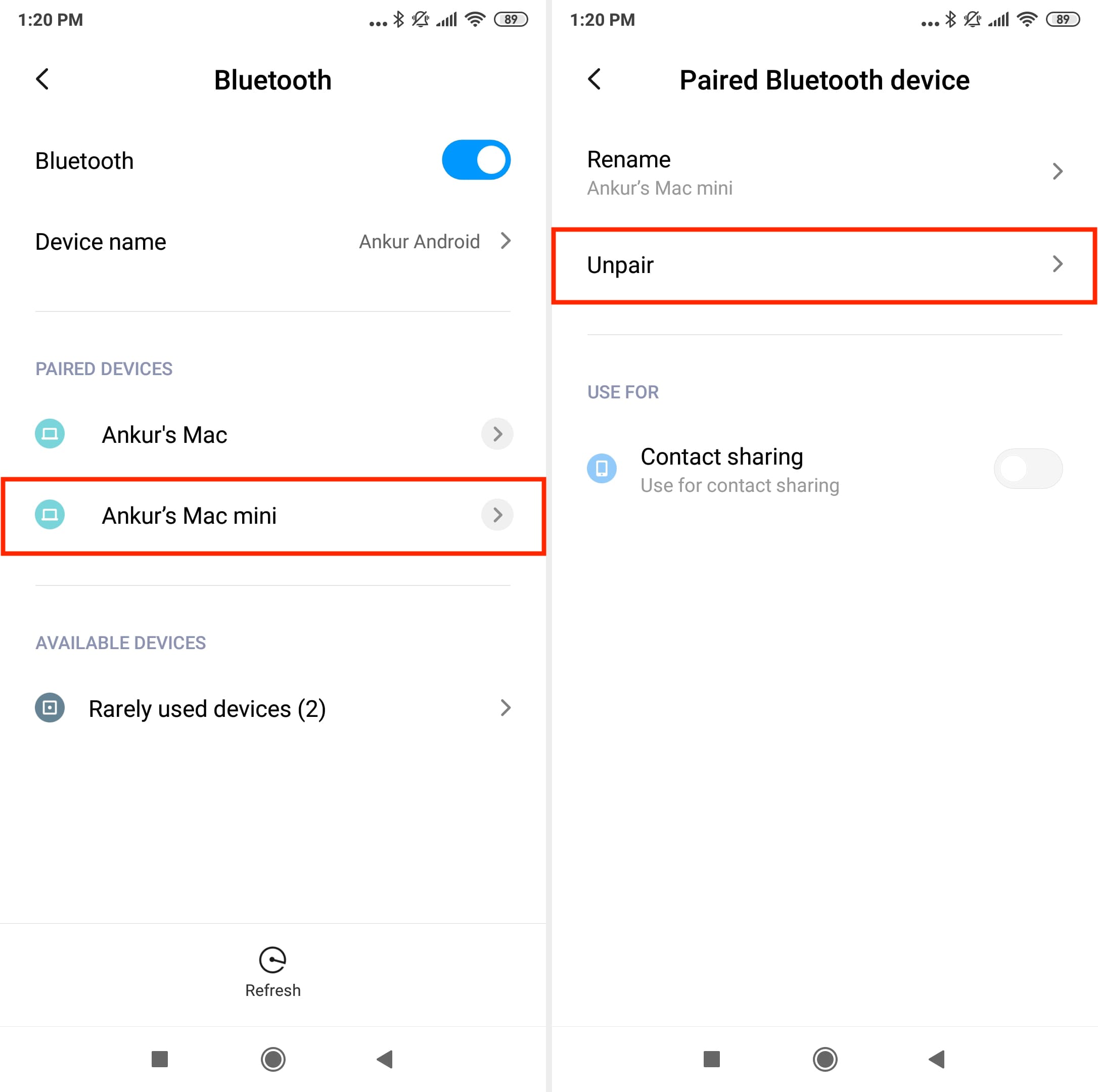 Unpair paired Mac from Bluetooth settings on Android phone