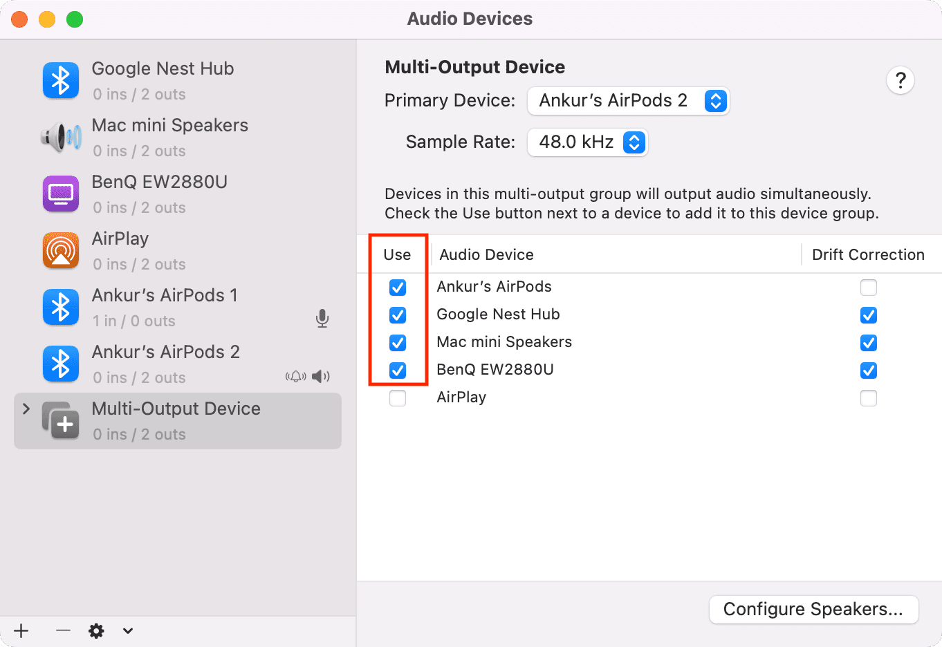 Check multiple speakers to use in Multi-Output Device setup on Mac