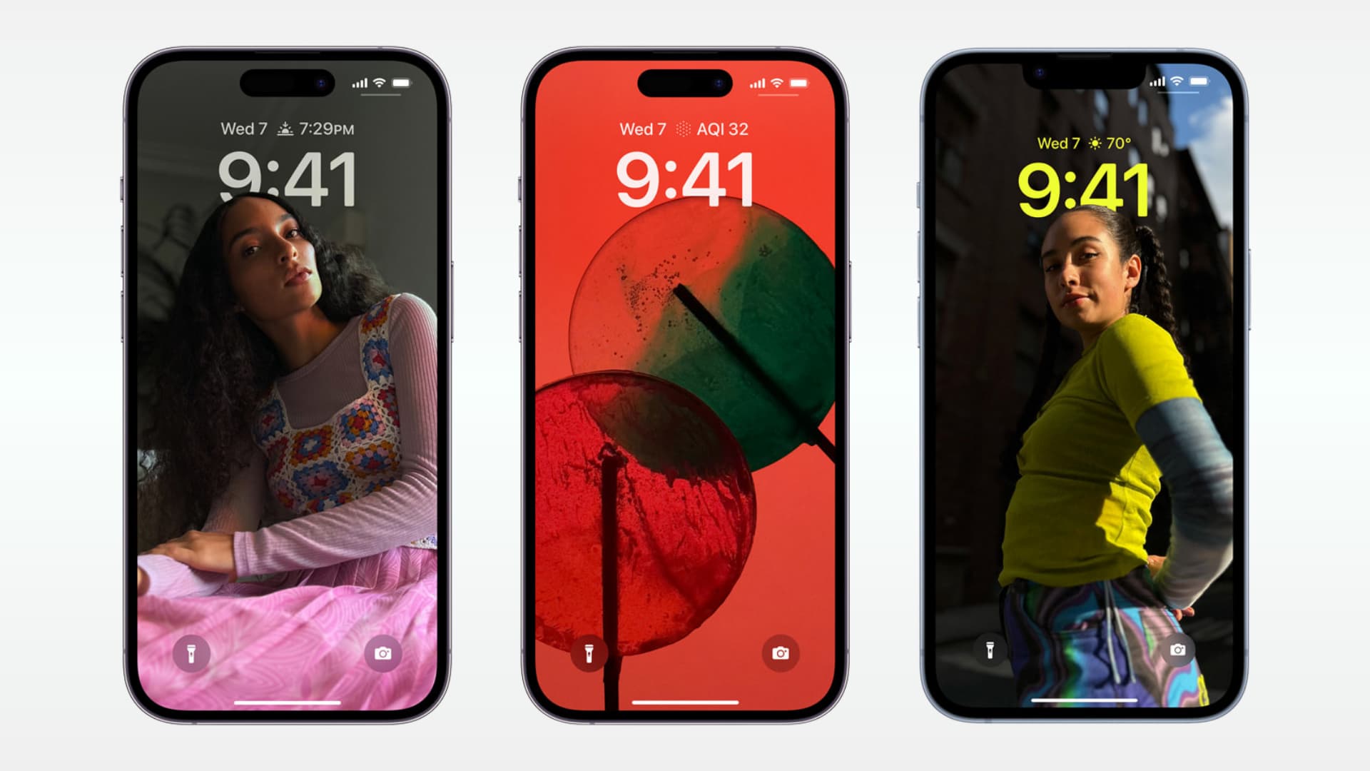 Three iPhone mockups showing the Lock Screen
