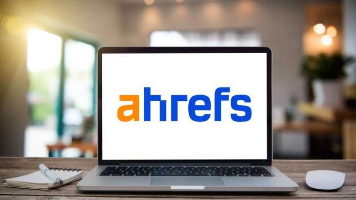 Ahrefs logo on laptop